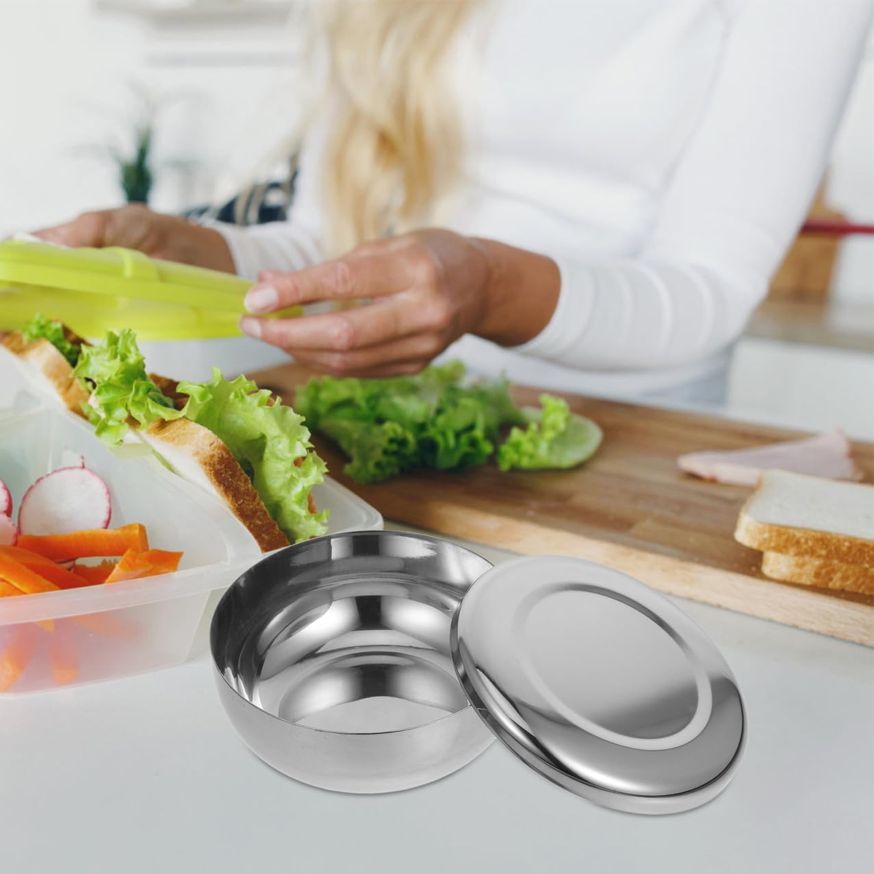 iplusmile Koreanische Edelstahlschüsseln im Traditionellen Stil 3 Stück mit Deckel Leichte Metallschalen mit Glatter Oberfläche für Küche und Servieren