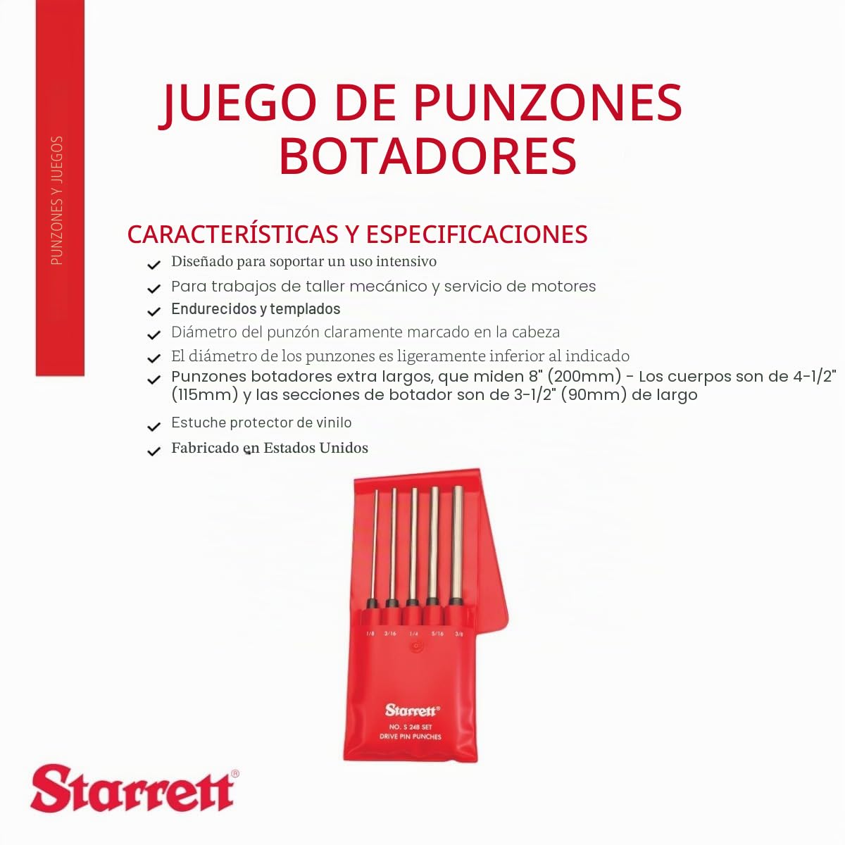 Starrett S248PC - Juego de Punzones de Impulsión de Longitud Extendida, Diámetros 1/8"-3/8", Longitud Total 8", Clavija 3-1/2"