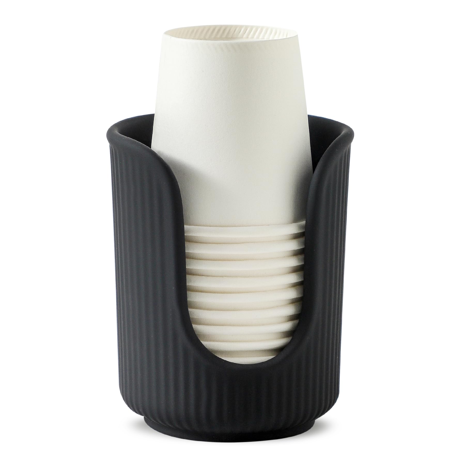 Dobbyby Ceramic Bathroom Cup Dispenser with Stylish Vertical Stripes - Disposable Mouthwash Cup Holder Holds 3-4oz Paper Cups for Rinsing Cups on Bathroom Vanity Countertops (Matte Black)