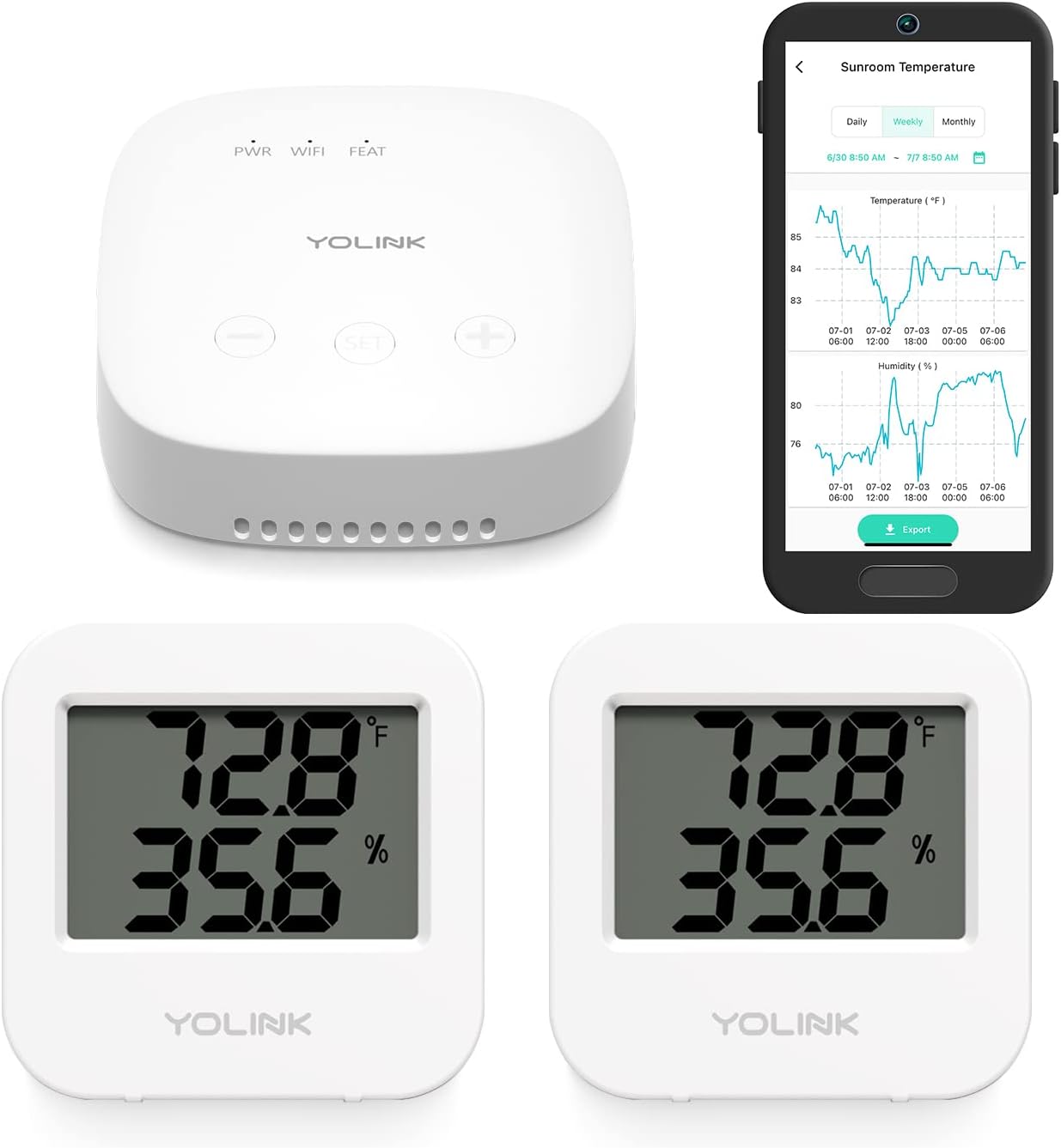 YoLinkSpeakerHub & Two Temperature/Humidity Sensors Smart Home Starter Kit – Audio Hub Plays Tones/Sounds, Spoken Messages, LoRa-Powered ¼ Mile Range, Compatible with IFTTT, WiFi Required