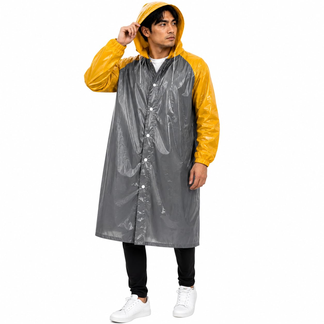Full Length Waterproof Raincoat for Men & Women | Hooded Transparent Rain Wear with Sleeves | Reusable Long Rain Jacket for Bike Riding, Travel, Camping & Monsoon Protection | Grey Yellow