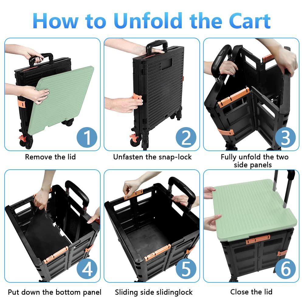 Carrello Spesa Pieghevole 4 Ruote, 1.93Cu ft/100Lbs Alta Capacità Tirante Retrattile in Acciaio Inossidabile Ruote Girevoli a 360° Rimovibili per Picnic Viaggiare Conservazione, Verde