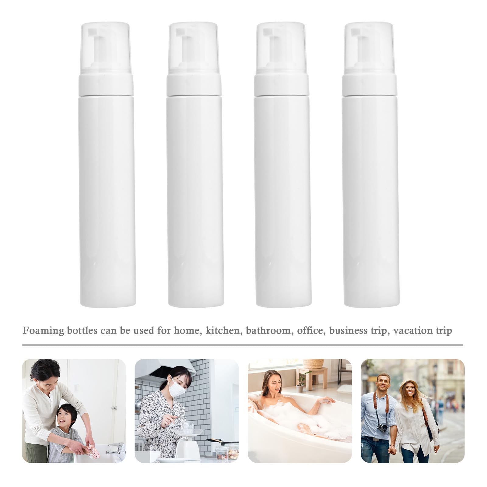 Set di 4 Dispenser per Schiuma 250ml in Plastica Bianca, Ricaricabili per Shampoo e Detergente Viso, per Viaggio D'affari e Uso Ufficio