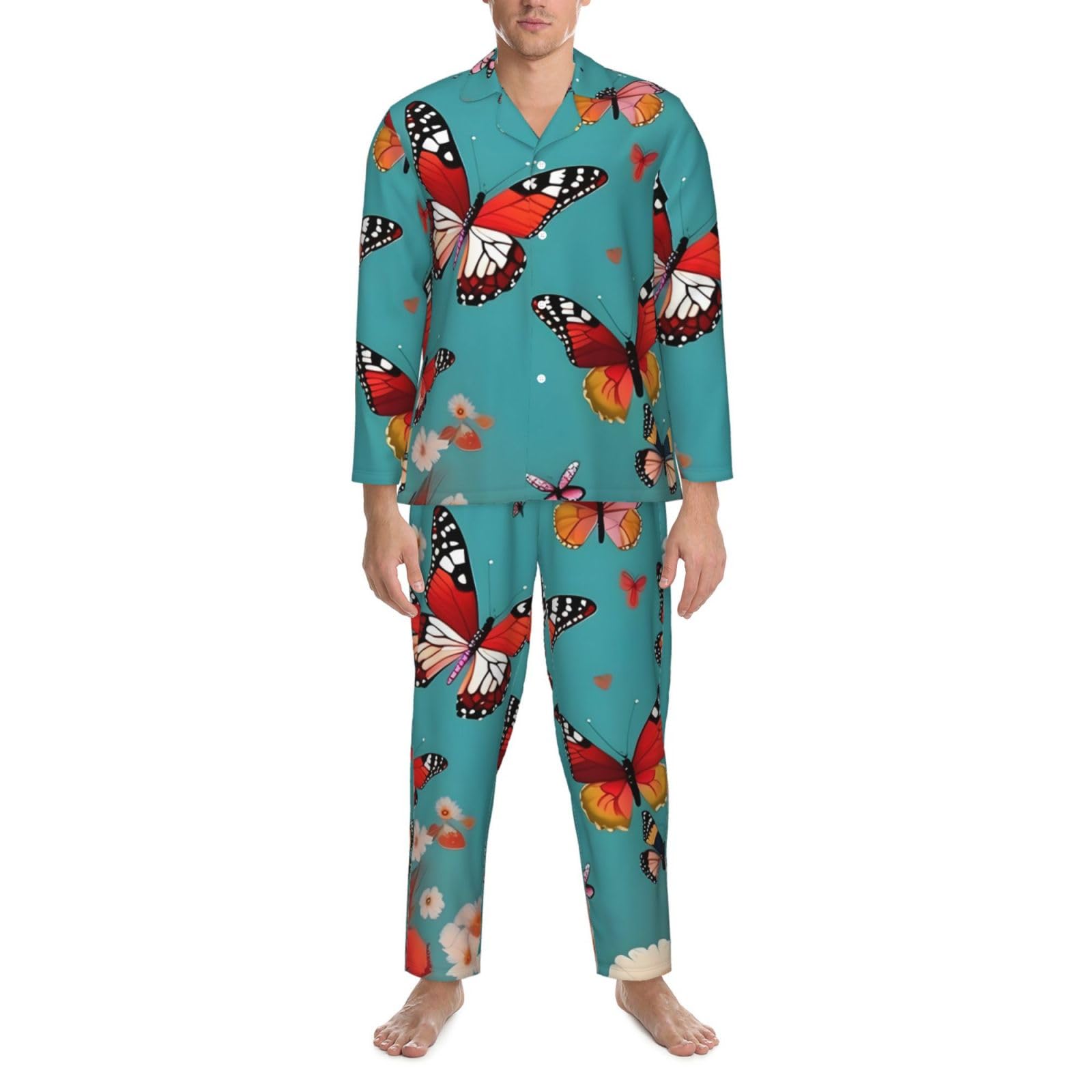 Hen Flying Butterflies Among Flowers Print Herren-Pyjama-Set, langärmelig, zweiteilig, Hauskleidung, bequeme Nachtwäsche