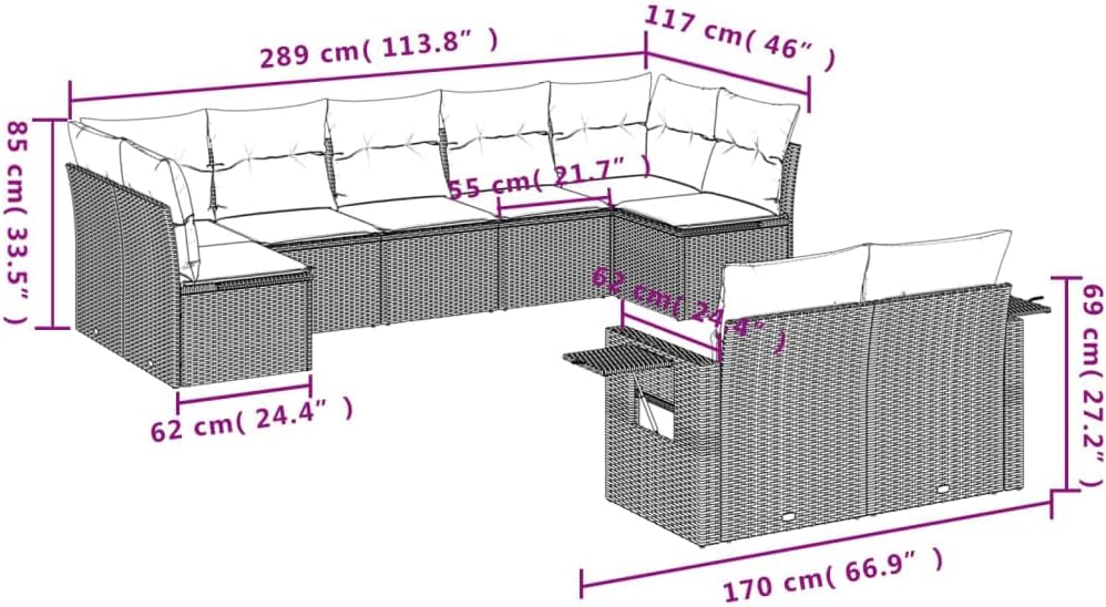 vidaXL Patio Sofa Set - 9-Piece Black Rattan Outdoor Furniture w/Cushions - Folding Side Tables, UV-, Weather-