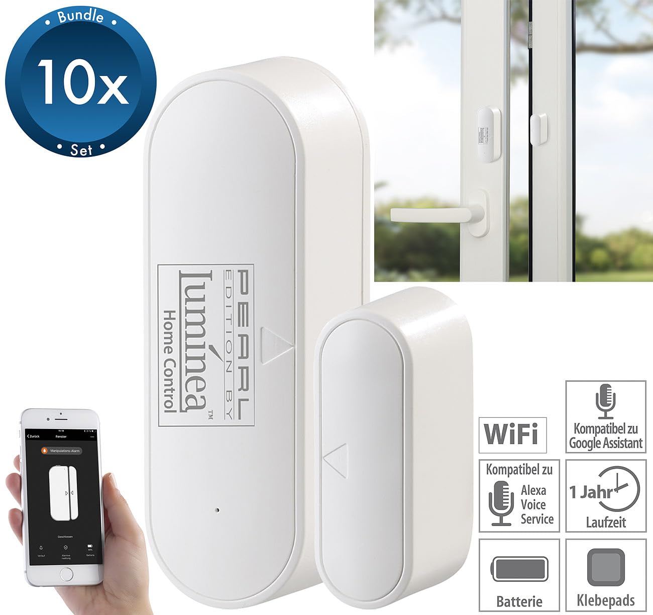 Luminea Home Control WiFi-Türsensor: 10er-Set WLAN-Tür- & Fensteralarm, App, für Alexa & Google Assistant (WLAN-Fenster-Sensor, Fenster-Kontakt-Sensoren, Home Fensterkontakt)