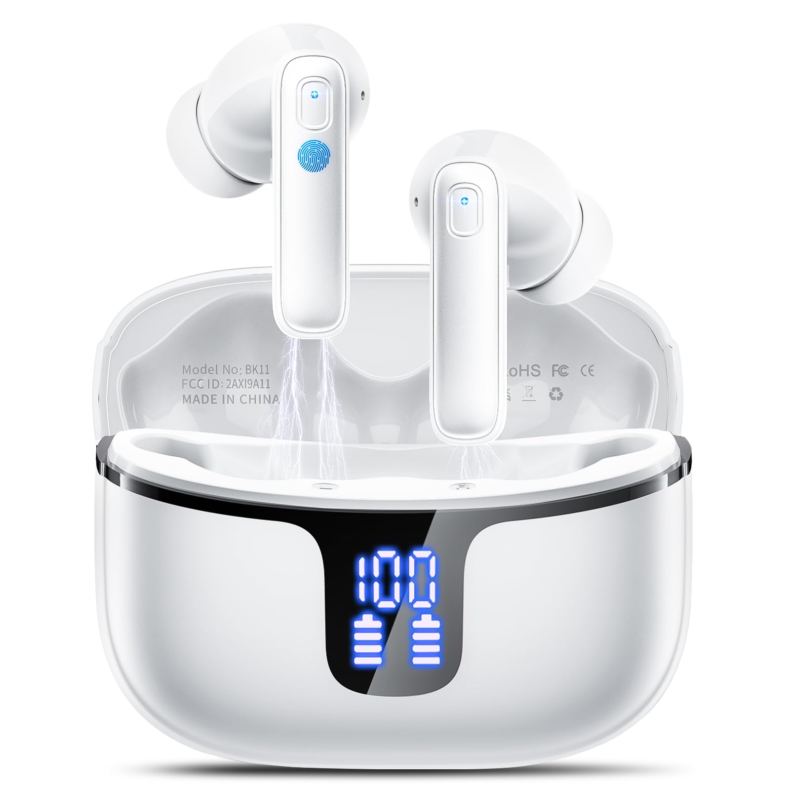 Cuffie Bluetooth, Auricolari Bluetooth 5.3 Stereo HiFi con 4 ENC HD Mic Cancellazione Rumore, Cuffie Wireless Bluetooth 40H LED Display Cuffiette in Ear IP7 Impermeabil, Cuffie Senza Fili USB-C Bianco