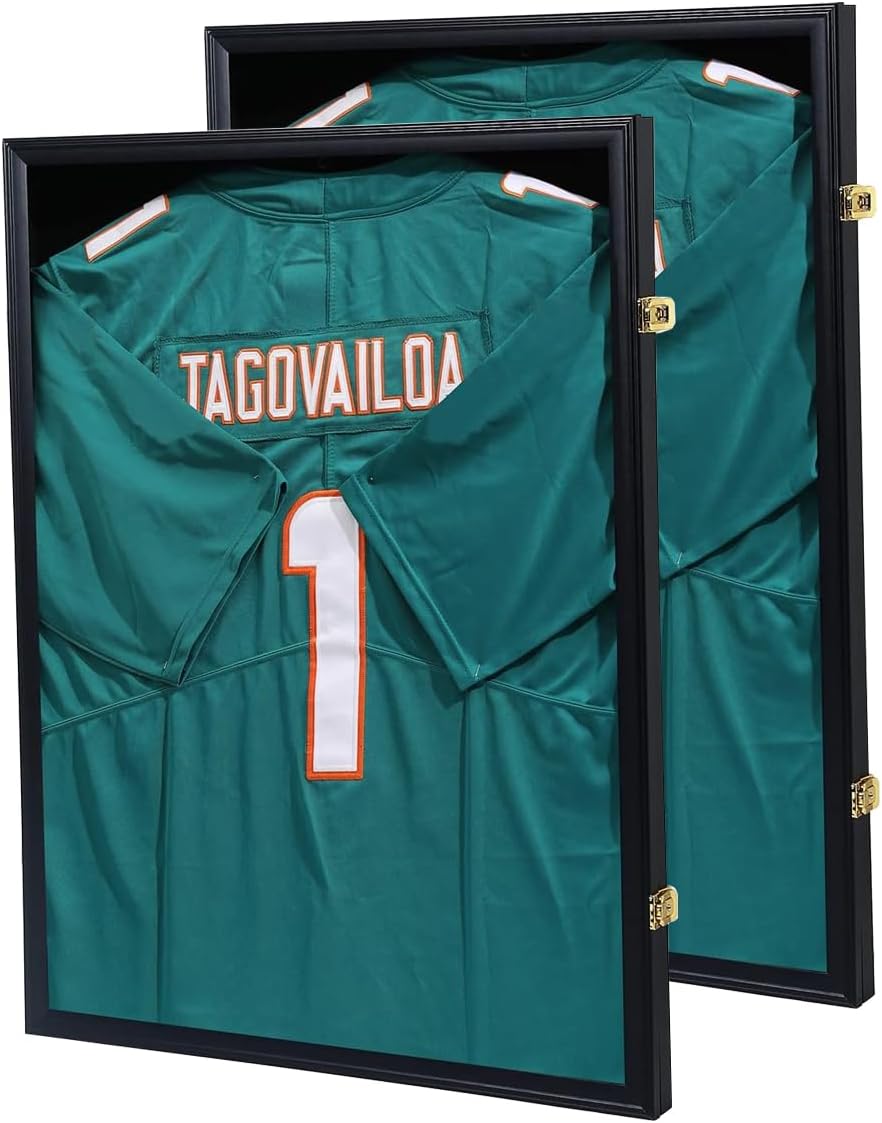Jersey Frame Display Case - Jersey Display Frame Shadow Box for Jersey Display Case with UV Protection Acrylic Panel Gold Locks for Baseball Basketball Football Soccer Hockey Sport Shirt Black