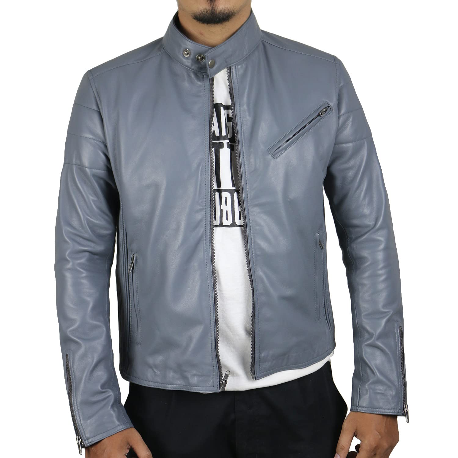 LaverapelleMen's Genuine Lambskin Leather Jacket (Black, Biker Jacket) - 1501008