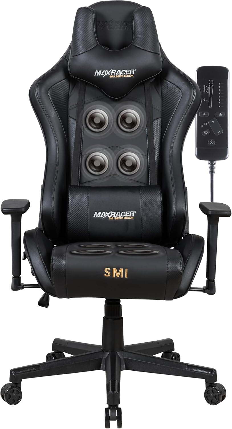 MAX RACER - Poltrona Massageadora Home Office Tactical-SMI - Cadeira Ergonômica, Cadeira de Escritório - 8 Pontos de Massagem, Braços 3D, Suporta 150kg, Tecido Sintético P.U, Inclinação 180° - Preta
