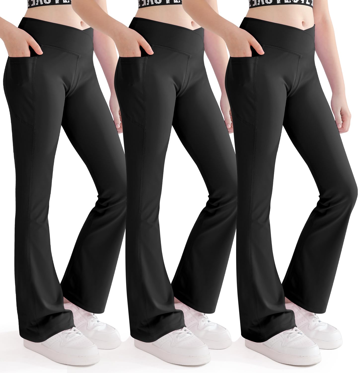 Nutyomi Girls Flare Yoga Leggings Cross High Waisted Flared Pants Dance Cute Activewear Kids Pants with Pockets 5-13 Years