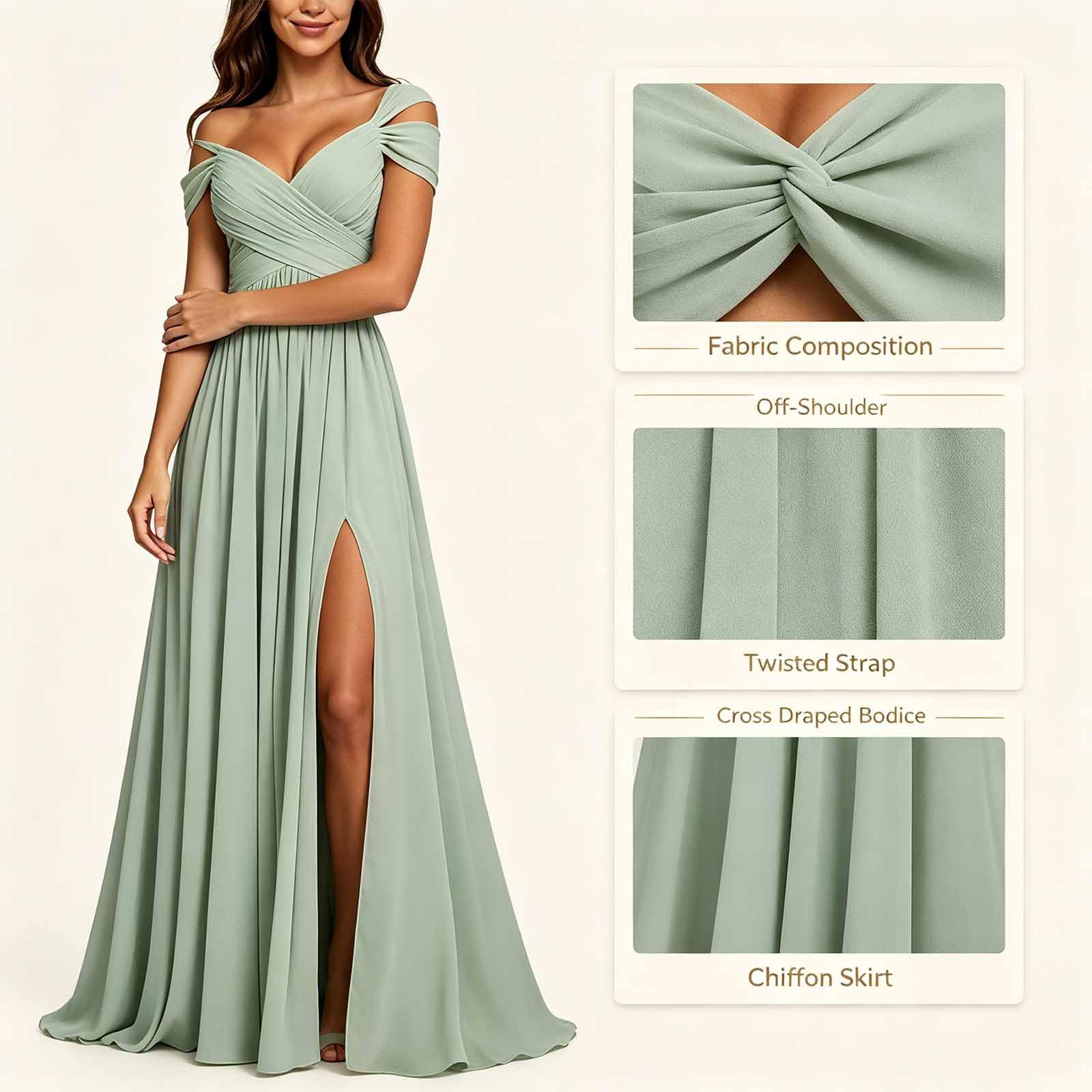 Vestito da Sposa Lungo Chiffon Spalle Scoperte V-Croce Alta Fenditura