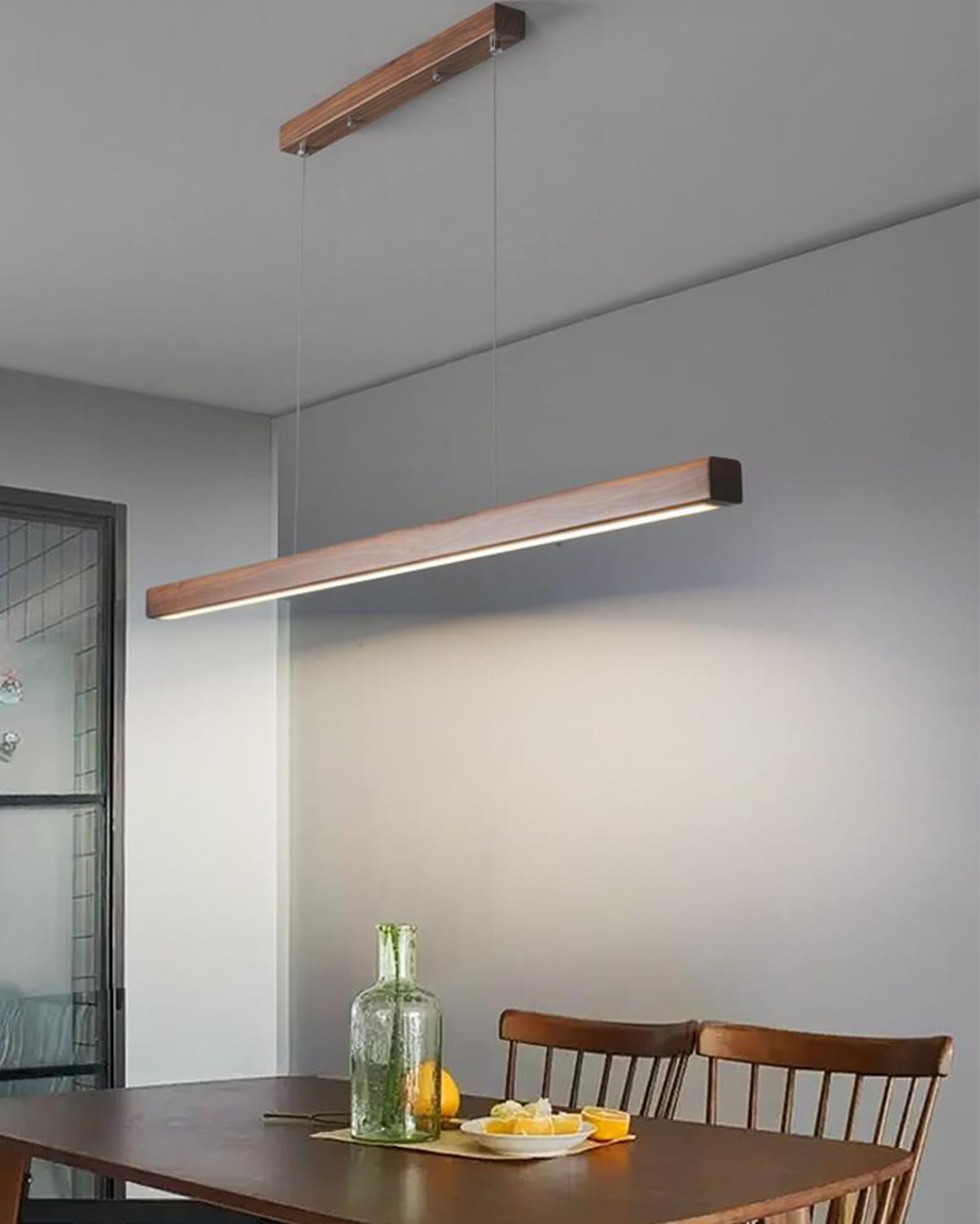 KXEcoLife Linear Pendant Lamp with Remote Control, LED Dining Table Wood Dimmable, Design Lamp, Chandelier for Room Kitchen Office (Wood-1, 60cm)
