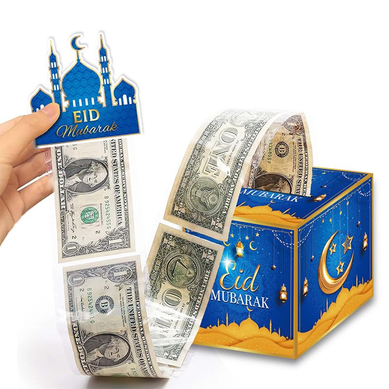 Eid Mubarak Money Boxes for Cash Pull - Surprise Gift Money Holder for Cash with 30Pcs Transparent Bags DIY Set Money Roll Gift Boxfor Muslim Islamic Eid Iftar Diwali Party Kids Gifts (Blue)