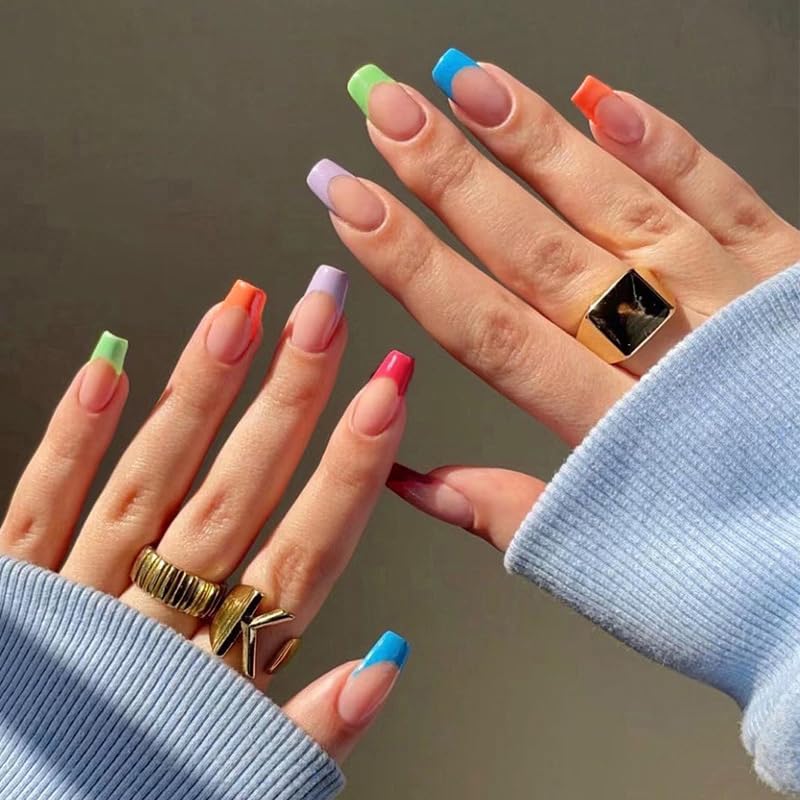 Secret Lives Glossy Reusable Artificial Fake False Press on Nails Green Orange Purple Pink Blue Color Combo Luxury 24 Pieces Set with Kit