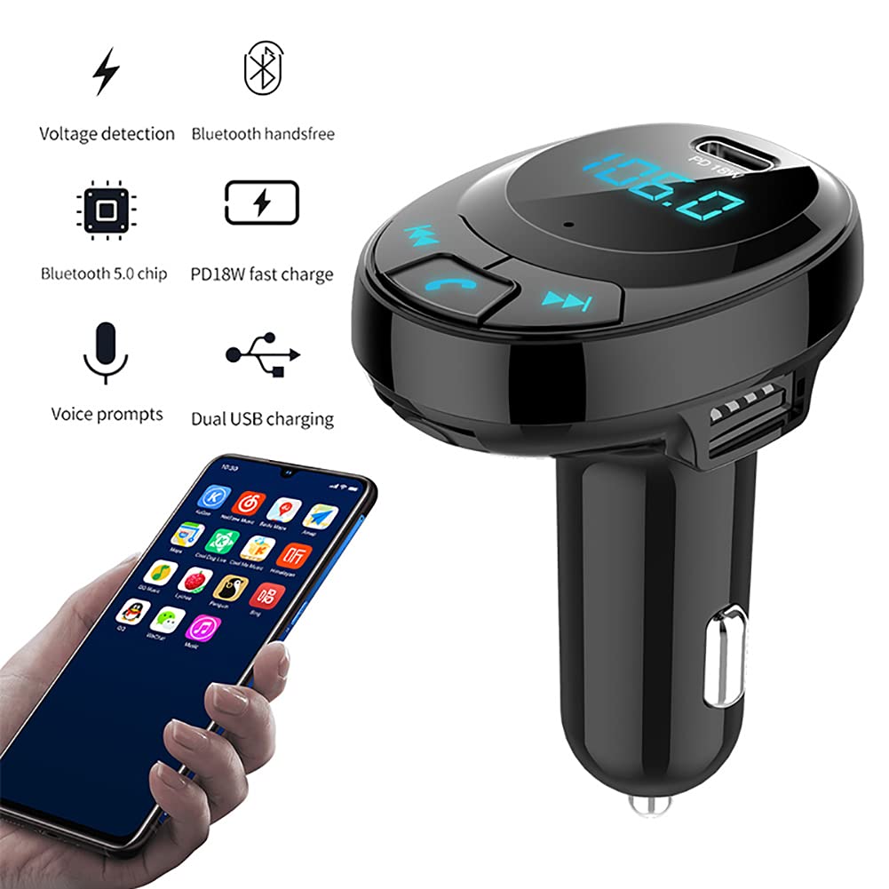 Bluetooth FM Transmitter, Wireless Radio Adapter Hands-Free Car Kit with USB-C PD 18W and Smart 3.1A Dual USB Ports Support TF Card & USB Disk