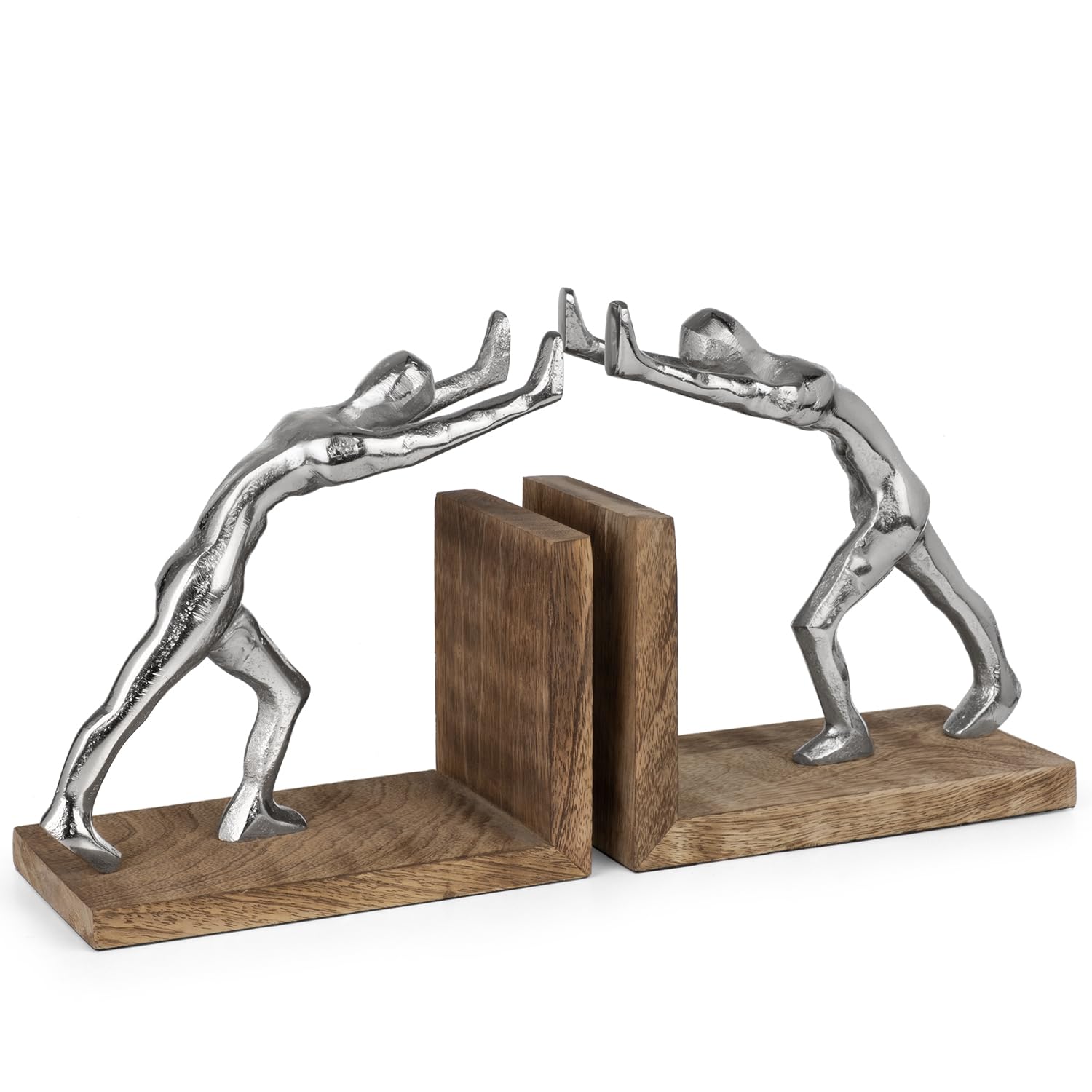 Moritz Buchstützen modern aus Aluminium und Mangoholz - 17,5x9,2x18,5 cm - 2er-Set Buchhalter Figuren Deko Skulptur Silber auf Holzsockel - stilvolle Deko für Wohnzimmer Büro Regal