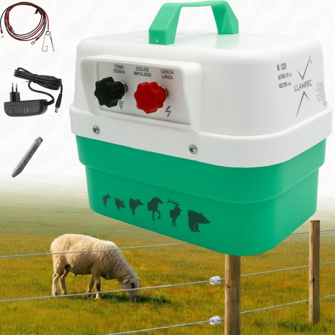 Pastor eléctrico Llampec Mod.1220 con batería 12V – 5,3J, 10.000V y 65 km de alcance – Ideal para ganado equino, vacuno, porcino, ovino y animales salvajes – Alimentador incluido –Batería no incluida