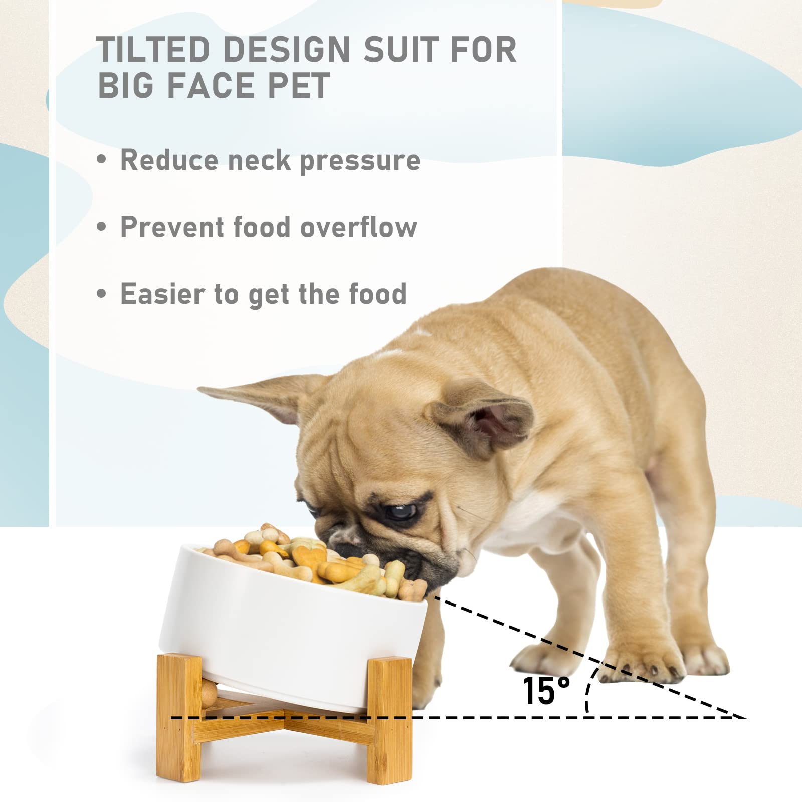 15° Slanted Ceramic Dog and Cat Bowl with Wooden Stand, Tilted Bulldog Food and Water Bowl No Slip Non-Spill for Cats Medium Dogs Big Face Pets 28.7 OZ (3.6 Cups, White)