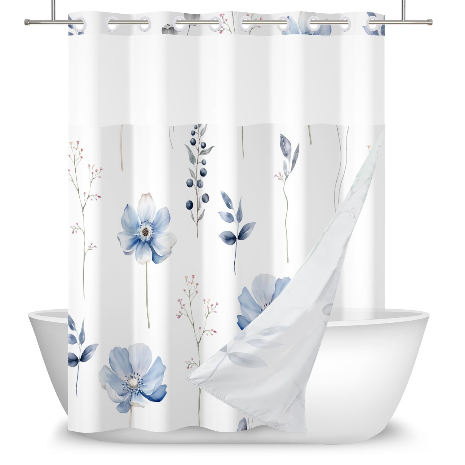 DASHAN No Hook Shower Curtain with Snap in Liner, Watercolor Blue Floral Shower Curtains for Bathroom, Decorative Plants Cloth Bathroom Curtain Hotel