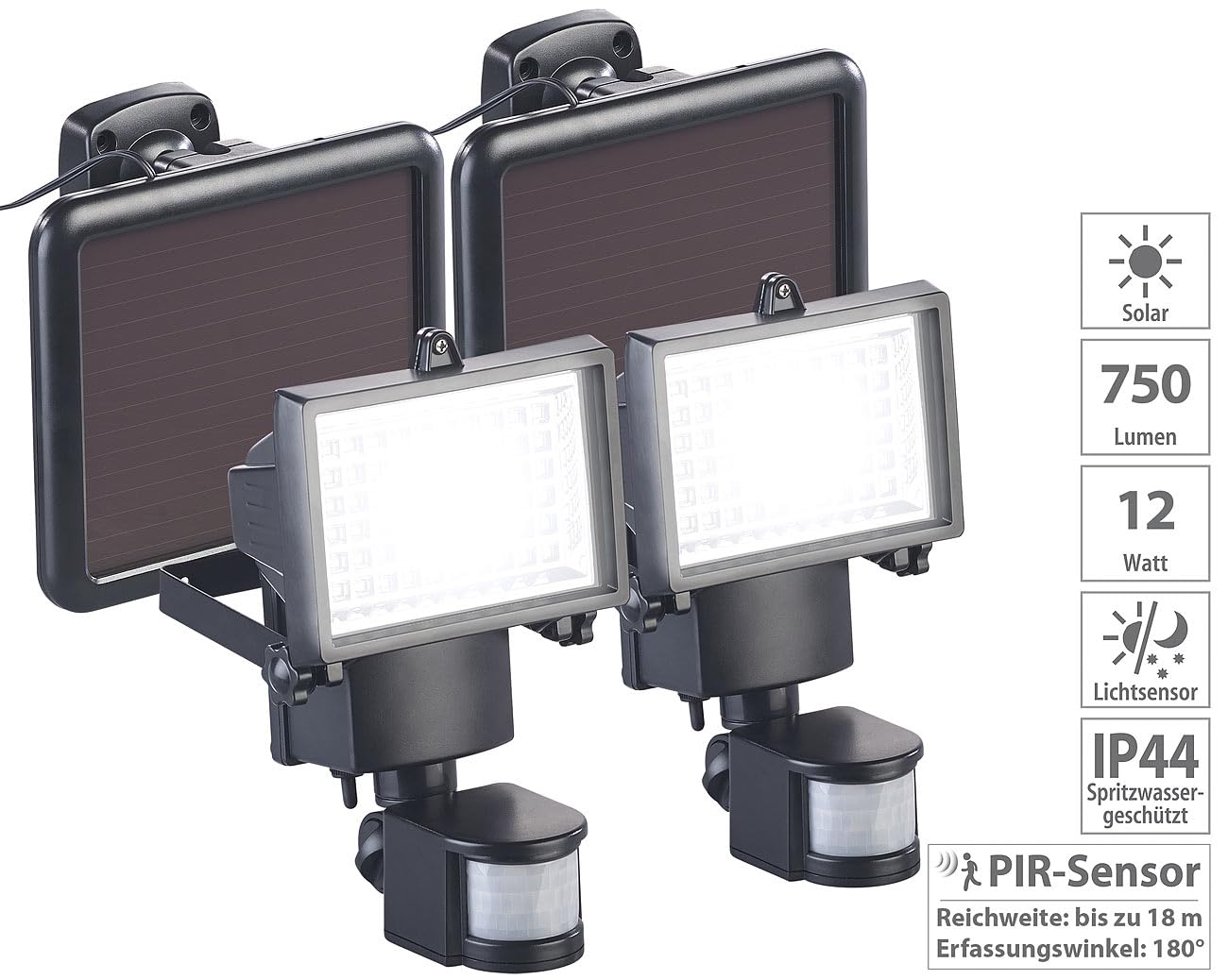 Luminea LED-Solar-Außenstrahler: 2er-Set Solar-LED-Wand-Fluter für außen, mit PIR-Sensor, 12 W (Flutlicht Strahler, Wand Hofscheinwerfer)