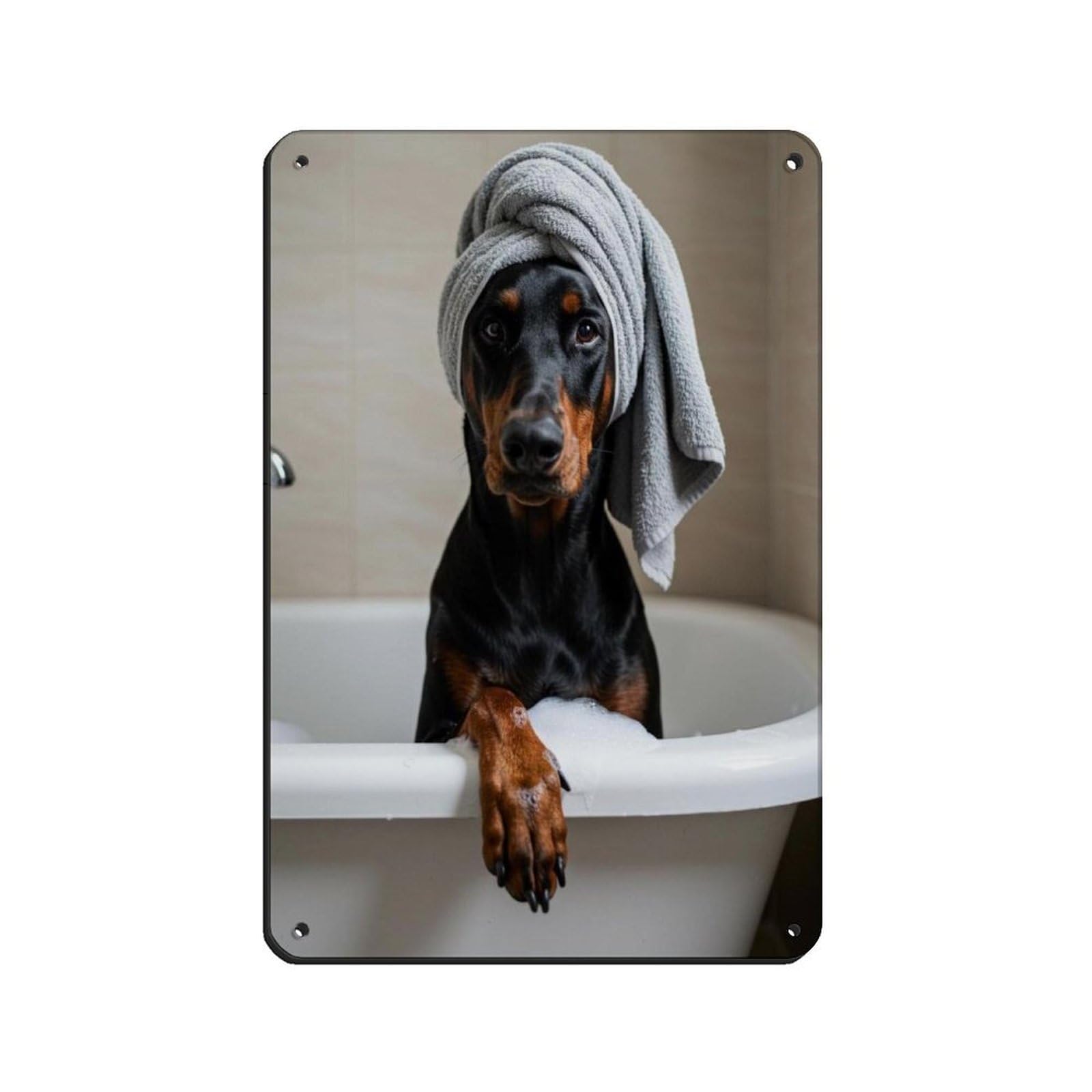 Dog Peeking Out of BathtubDoberman Decor Retro Poster Metal Tin Sign Chic Art Retro Iron Painting Bar People Cave Cafe Family Garage Poster Wall Decoration 8x12inch(20x30cm)