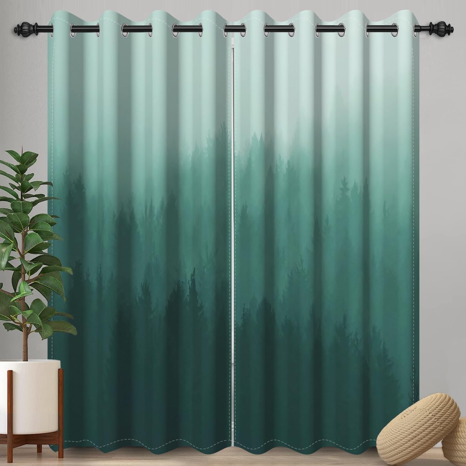Misty Forest Curtains Foggy Woodland Green Pine Trees Thermal Insulated Modern Artistic Blackout Window Treatment Drapes for Living Room Bedroom Sets of 2 Panels, 21x45 inches