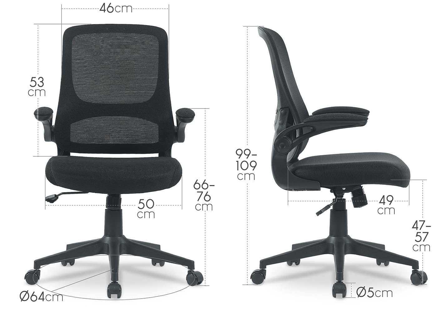 Waytex Fauteuil de Bureau Ergonomique Tissu et Maille – Accoudoirs Relevables – Réglable en Hauteur – Mécanisme Basculant – pour Professionnels et particuliers - Noir