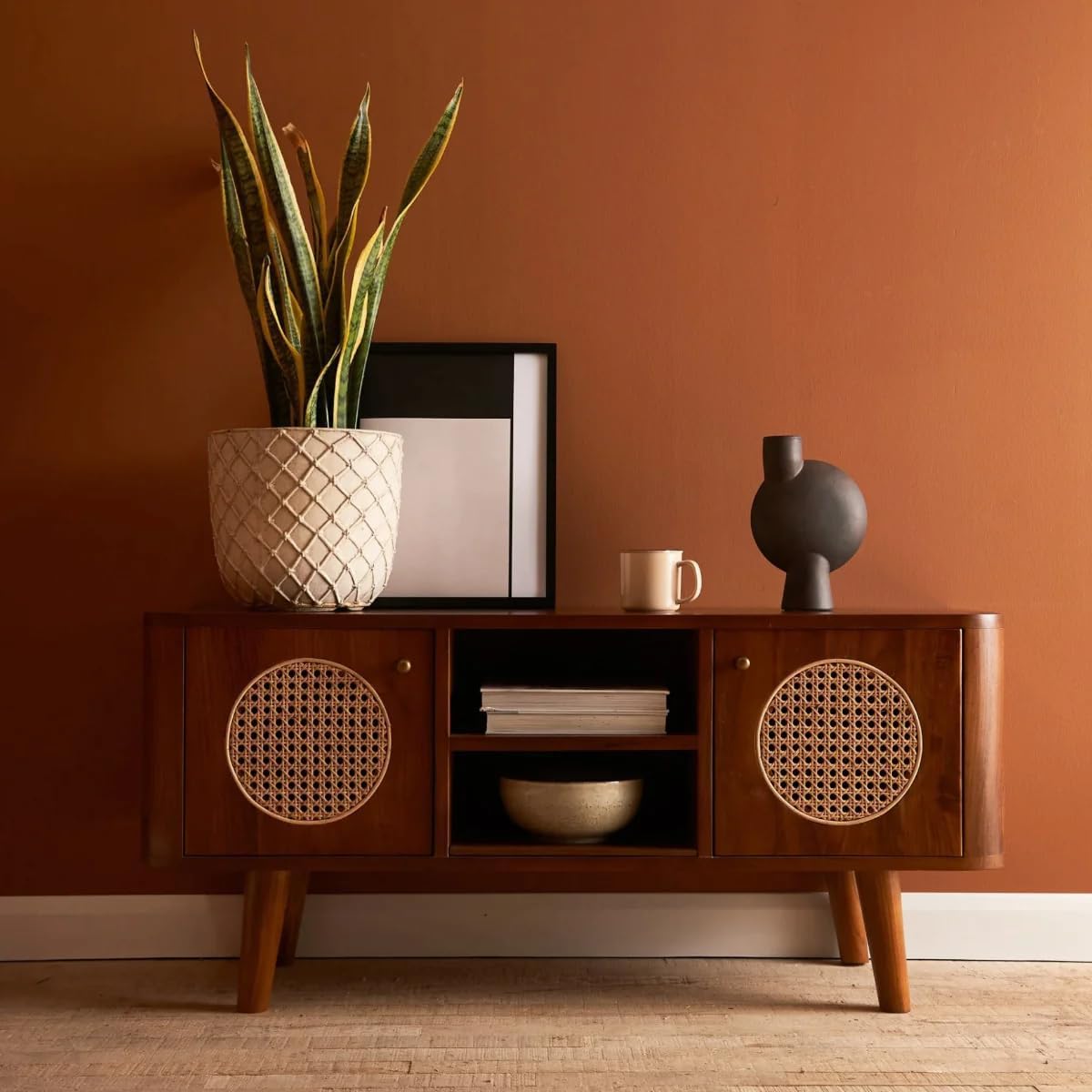 chugston rattan solid wood tv unit/cabinet for led lcd | cane design tv stand for living room and bedroom | sheesham wood, honey finish (40 cm x 120 cm)