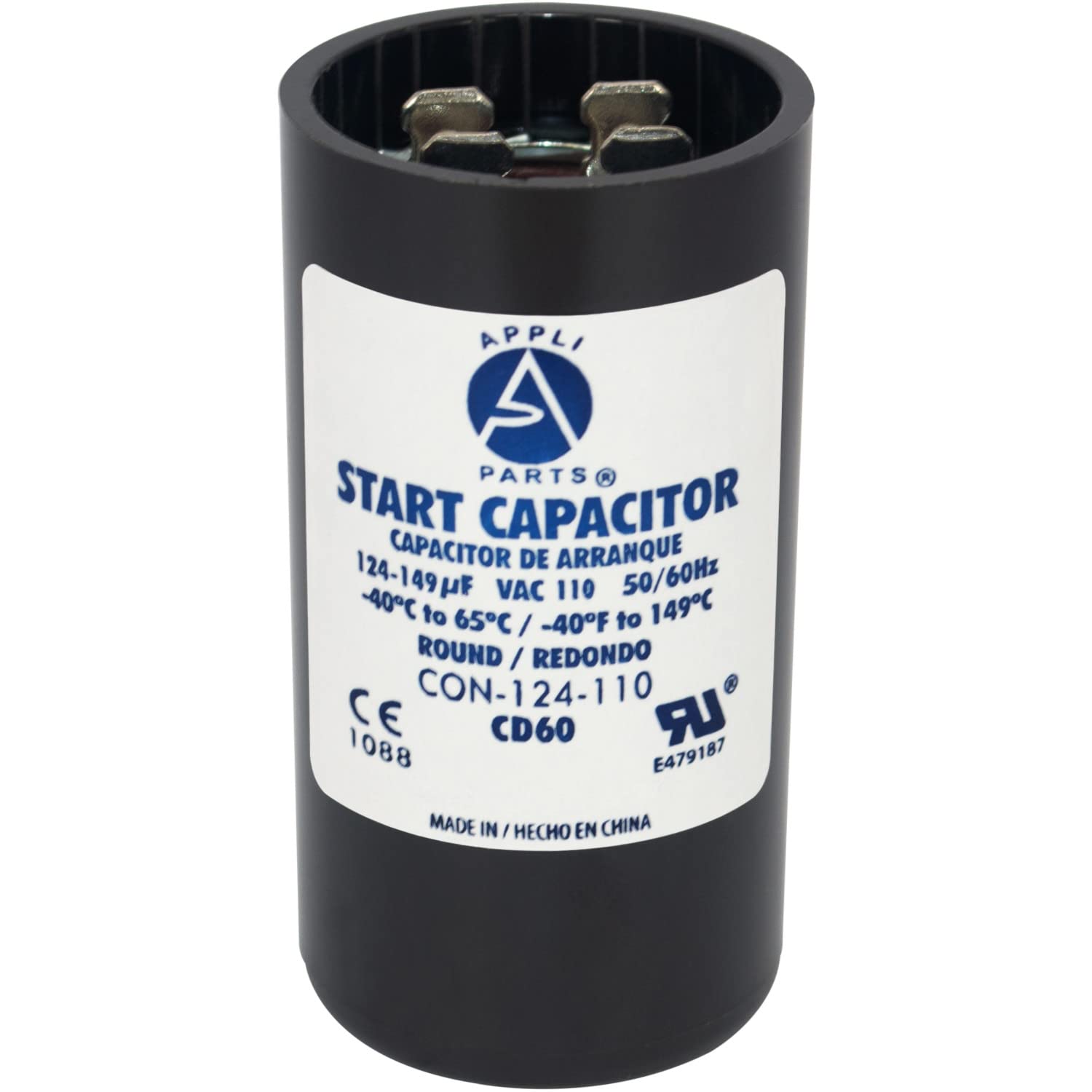 Appli Parts Motor Start Capacitor 124-149 Mfd (microfarads) uF 110-125 VAC Universal fit for Electric Motor Applications 1-7/16 in Diameter 2-3/4 in Height CON-124-110