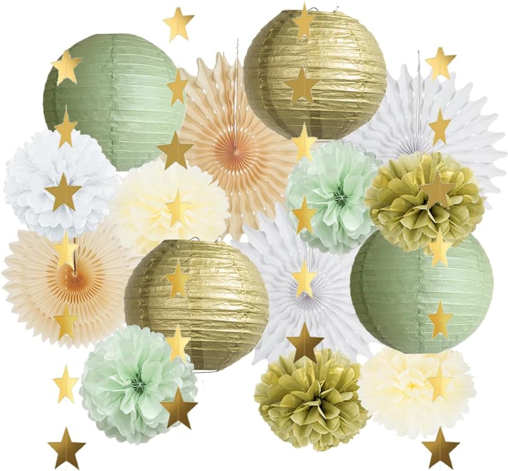 Sage Green Party Decorations Hanging Paper Lanterns Fans Cream Sage