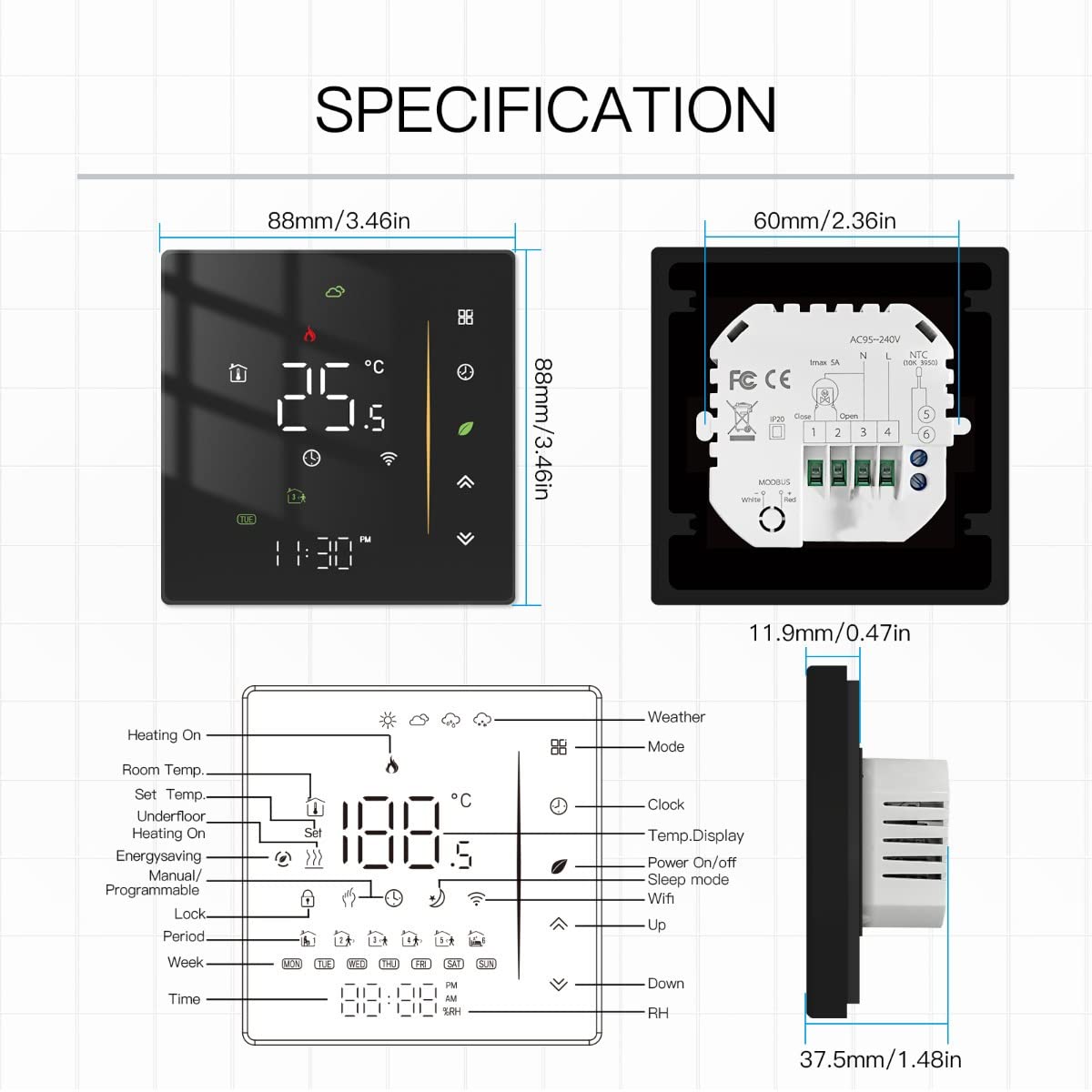 MOES WiFi Thermostat Programmierbare Raumtemperatursteuerung für Gasboiler Temperatur LuftfeuchtigkeitTuya/Smart Life APP Wireless Control Alexa/Google Home | Raumtemperaturregler, Luftfeuchtigkeit, Tuya/Smart Life App, Alexa/Google Wireless Control