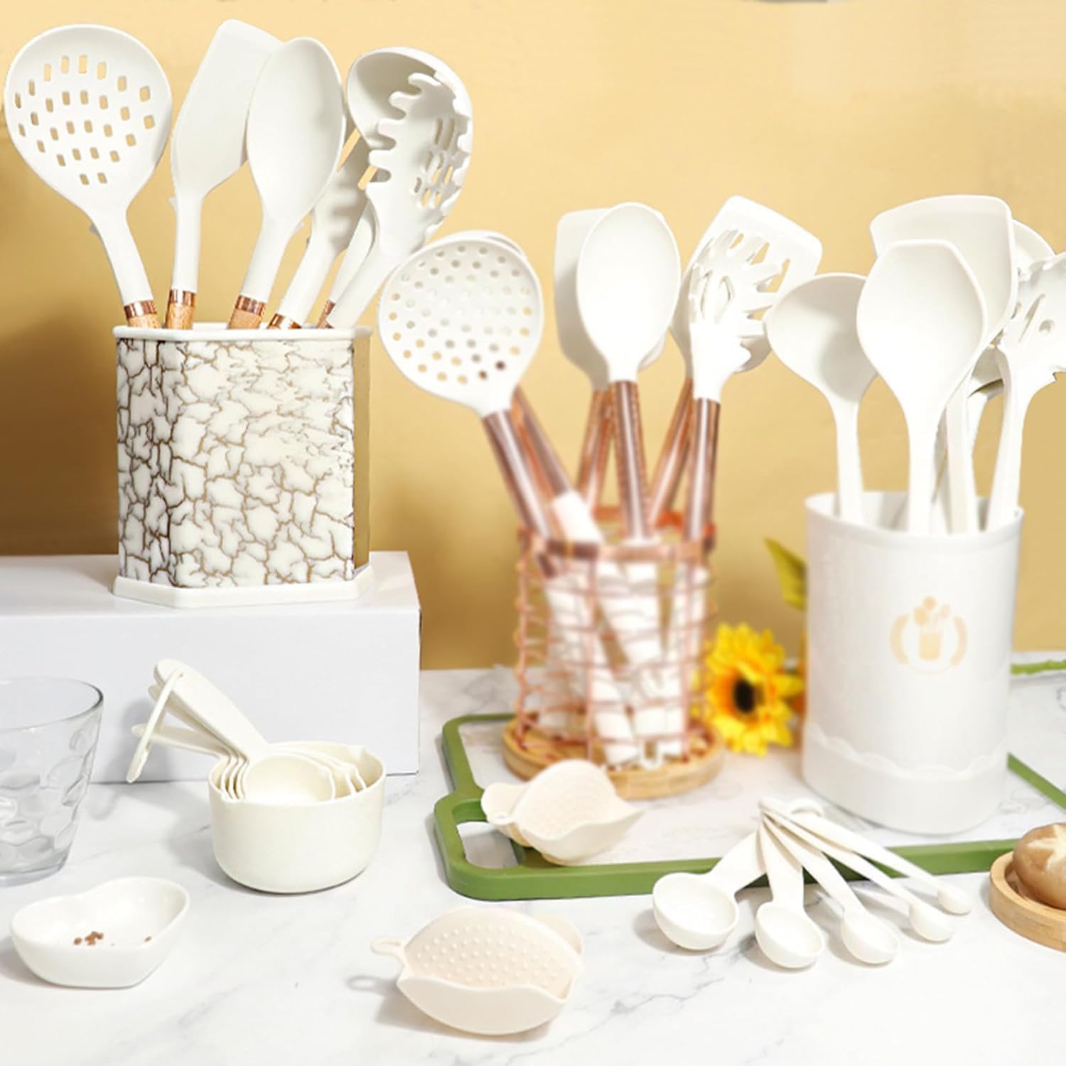 Juego de utensilios de cocina, utensilios de cocina de silicona antiadherente con espátulas y cucharas, utensilios de mango largo con organizador para cocinar, juego de 10 herramientas de cocina