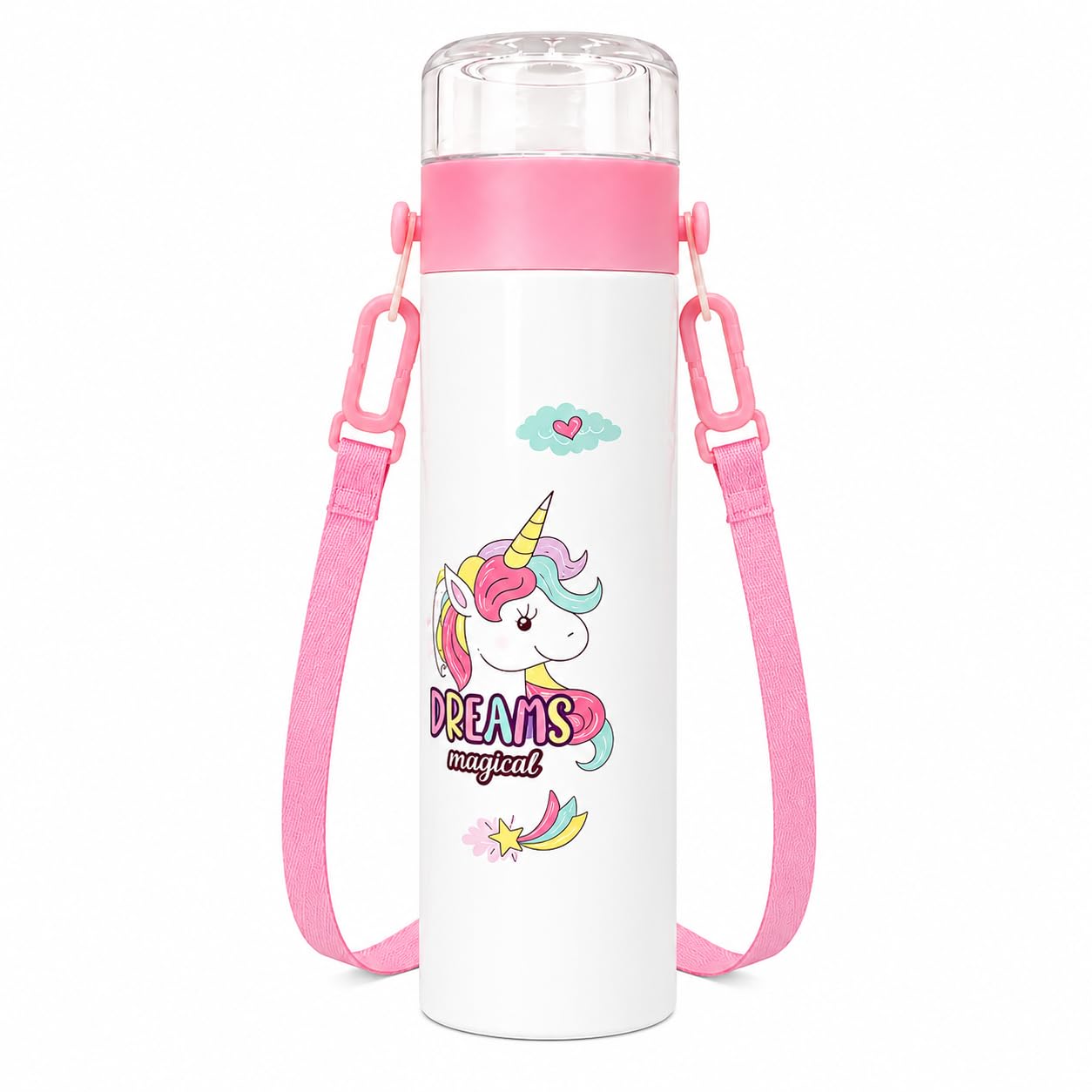 Dreams Magical Unicorn Kids Water Bottle | BPA Free Leak Proof Sipper with Screw Cap & Detachable Crossbody Strap | Cute Unicorn Print for School, Picnic, Travel - White & Pink
