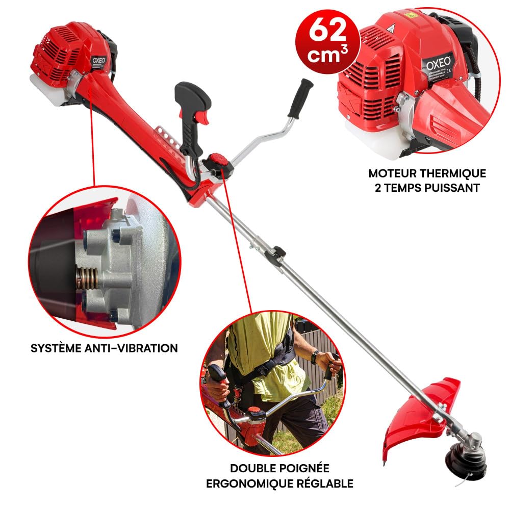 Débroussailleuse thermique professionnelle 62 cm³ - 2 tps - 2en1 - Coupe-bordure - Tête double fil - 2 lames - Anti-vibration