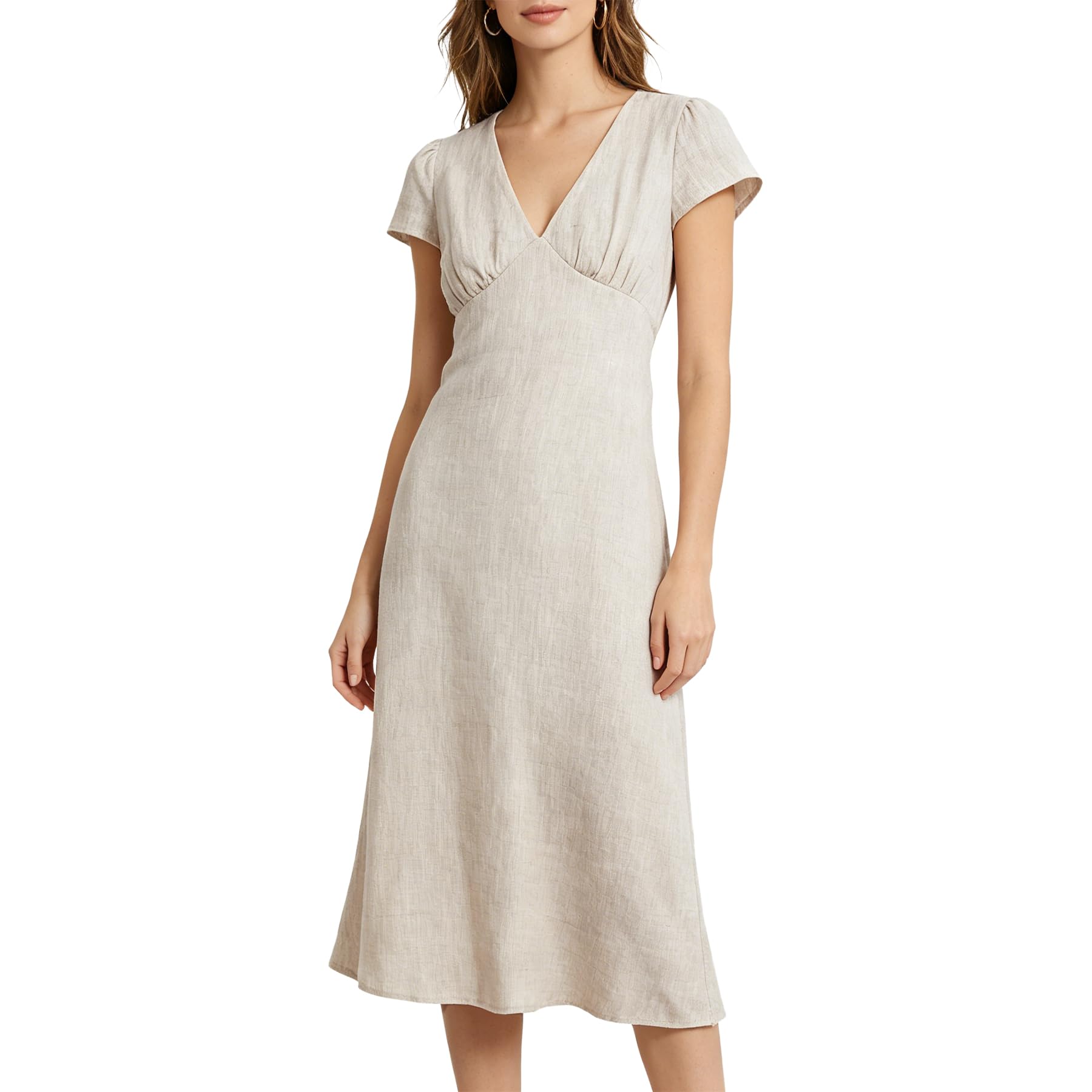 Amazhiyu Vestido de lino para mujer, de lino, de verano, manga corta, cuello de pico, vestido maxi, vestido de verano, vestido maxi, vestido de playa, vestido largo para el tiempo libre, con cinturón
