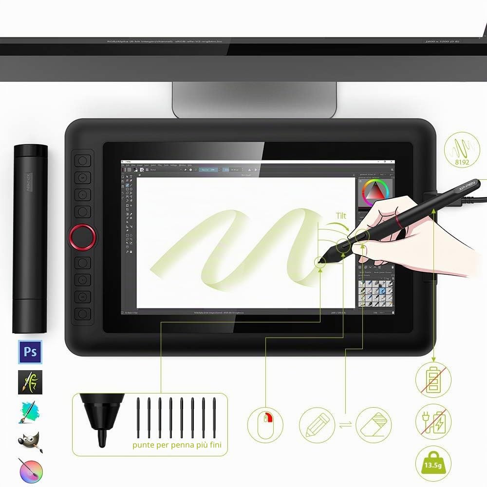 XPPen - Tablet grafico con schermo Artist 12 Pro, schermo completamente laminato da 11,6 pollici, 8 tasti di scelta rapida Pennino senza batteria a 8192 livelli con funzione Tilt a 60 °