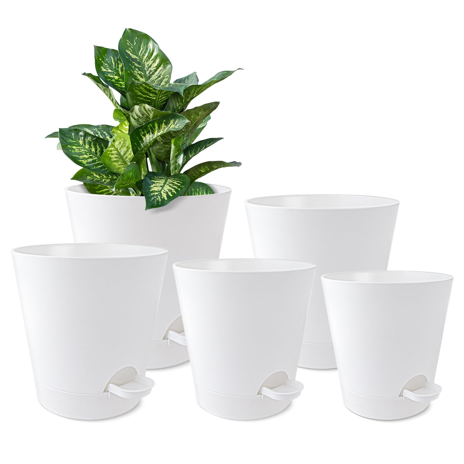 QLoztyse Maceta Autorriego - Maceteros Decorativos Interior de 5, Macetas Grande de Plástico de 17.78/16.51/15.24/13.97/12.7 cm con Agujeros y Pies, Tiestos para Plantas Interior Blanco