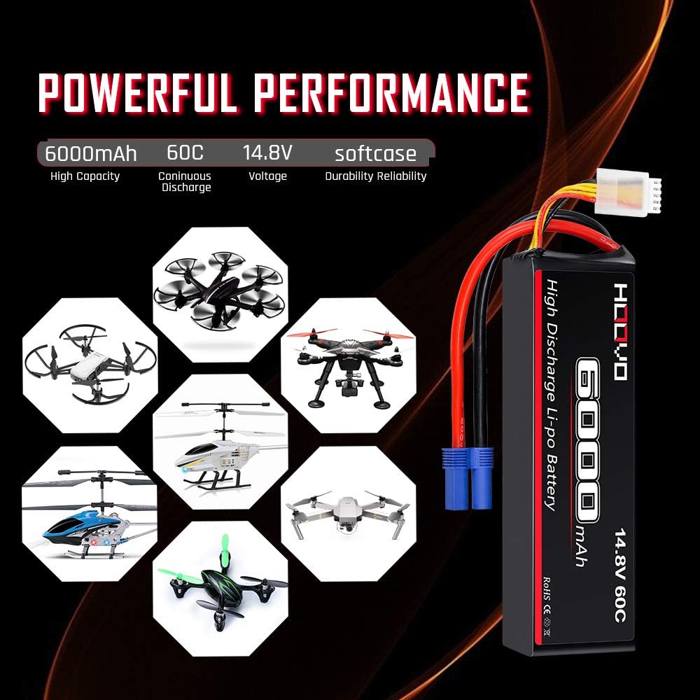 🔥 Cashback up to 70% HOOVO 14.8V 60C 6000mAh 4S Lipo Battery with EC5 Connector for RC Heli Airplane Helicopter Quadcopter Drone (2 Packs)