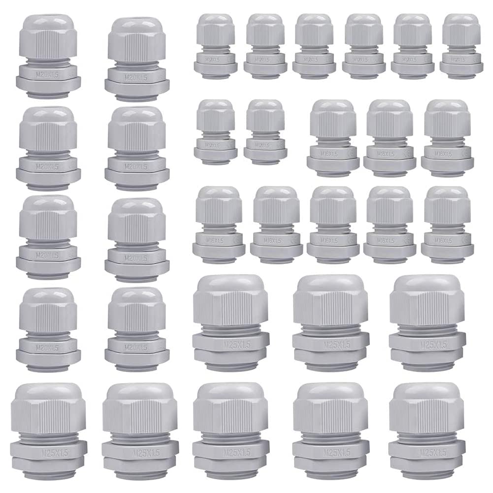 32 Pcs Grey Cable Glands Joints, Waterproof Wire Cable Connector Electrical Conduit Plastic Stuffing, with Locknut and Seal for Garden Outdoor, IP68 M12 M16 M20 M25