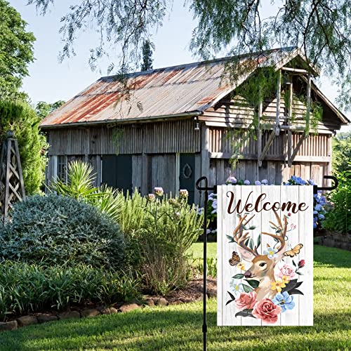 Wpctyq Deer Welcome Garden Flag Welcome Sign Garden Flag Flower Flag Deer Garden Flag Small Vertical Watercolor Deer Big Antlers Flowers And Butterfly On The Horns Yard Outdoor Decor Double Sided 12.5 X 18 Inch #TOP3