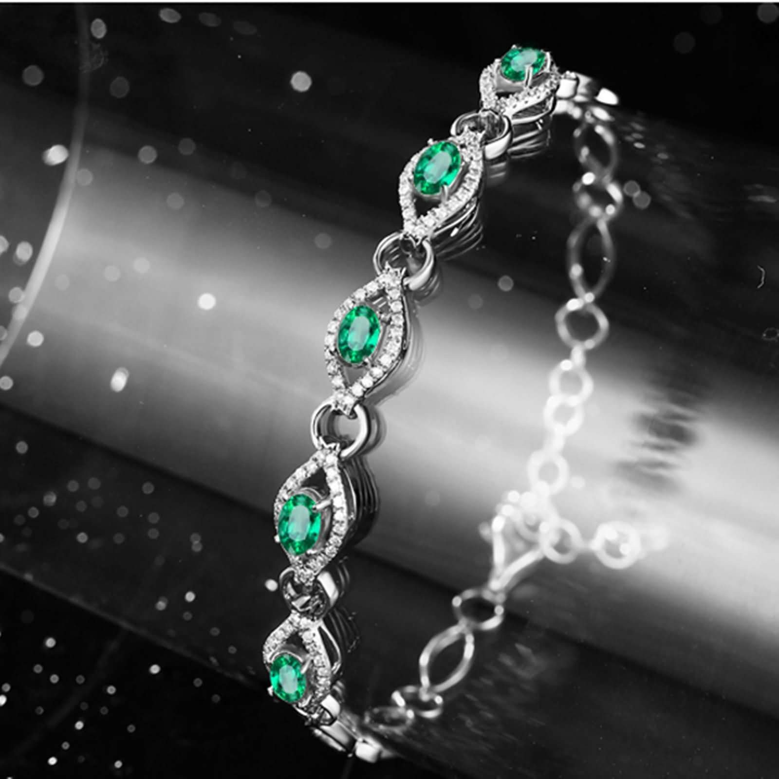 Pulseras Mujer Oro Blanco 9 K / 14 K / 18 K, Oval con Esmeralda Creada de 1,2 ct y Moissanita, Cadena Extensible 16 CM + 5 CM, Pulseras para Mujer Ajustable Plata Verde
