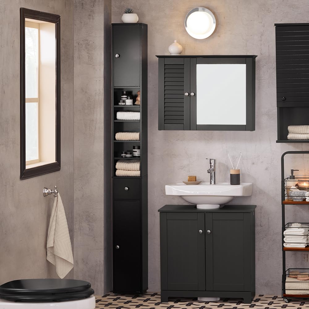 SoBuy Hoge Badkamerkast – Smalle Opbergkast – Badkamerkolom, Kolomkast met Verstelbare Planken en Lade, Waterbestendig MDF, voor Badkamer, Woonkamer, Slaapkamer, Zwart, 20x20x180 cm, BZR34-II-SCH
