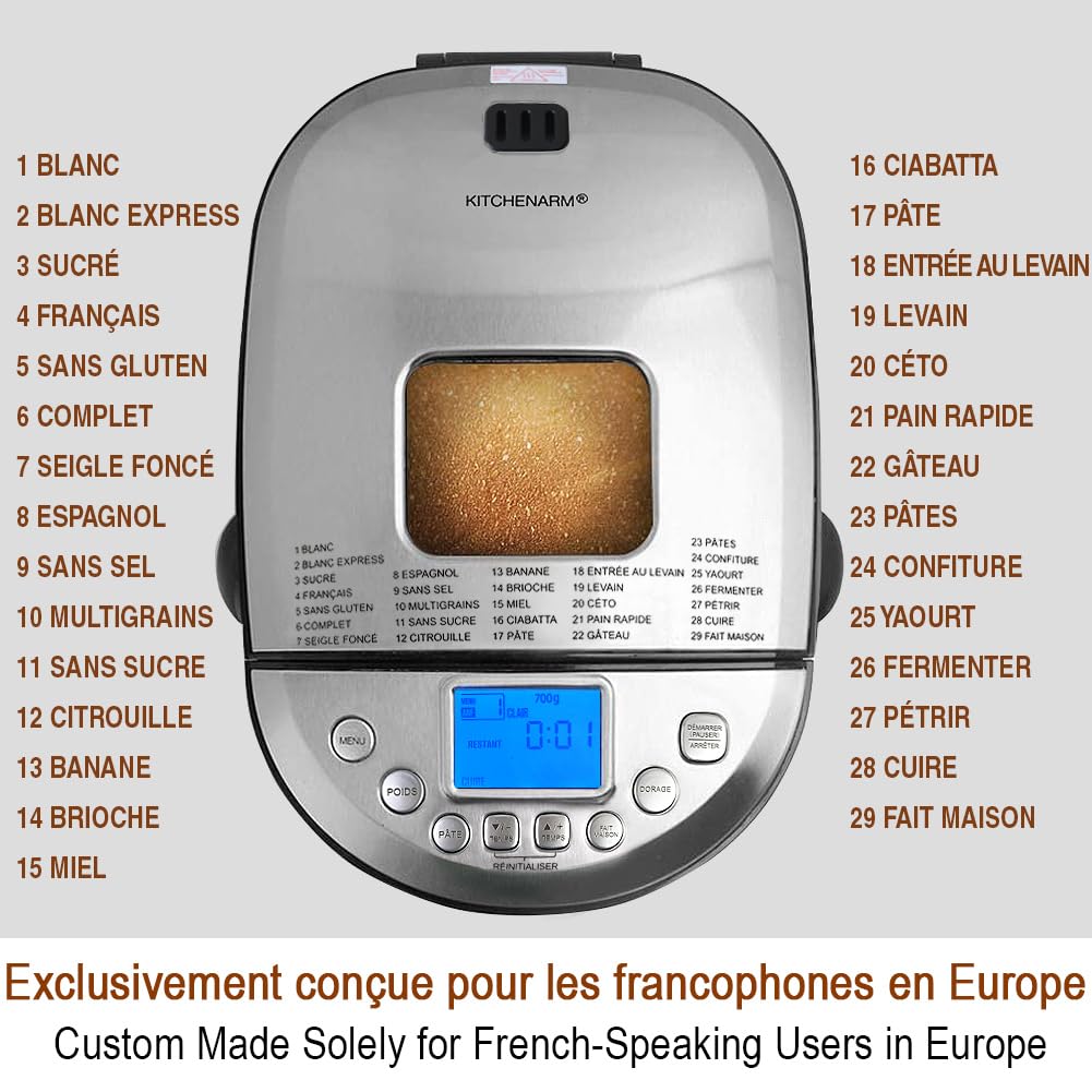 KITCHENARM 29 en 1 Machine à pain intelligente avec interface utilisateur et documentation 100% en français - 900 G Machine à pain en acier inoxydable avec réglages sans gluten et pain complet