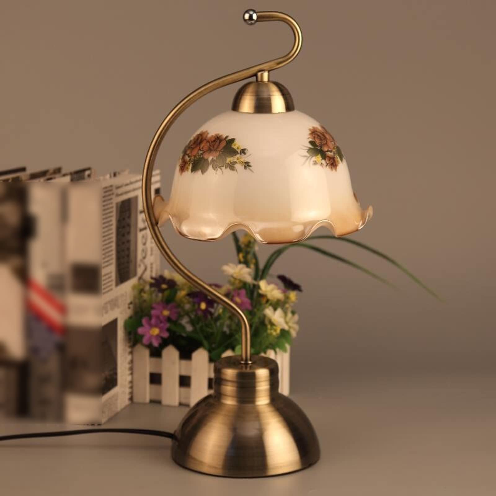 Lampy stołowe/Lampy biurkowe do domowego biura Retro lampa biurkowa lampka nocna z kwiatkiem szklanym kloszem ściemniana lampka nocna ze sterowaniem dotykowym z metalowym stojakiem do biura Biurkowe/k