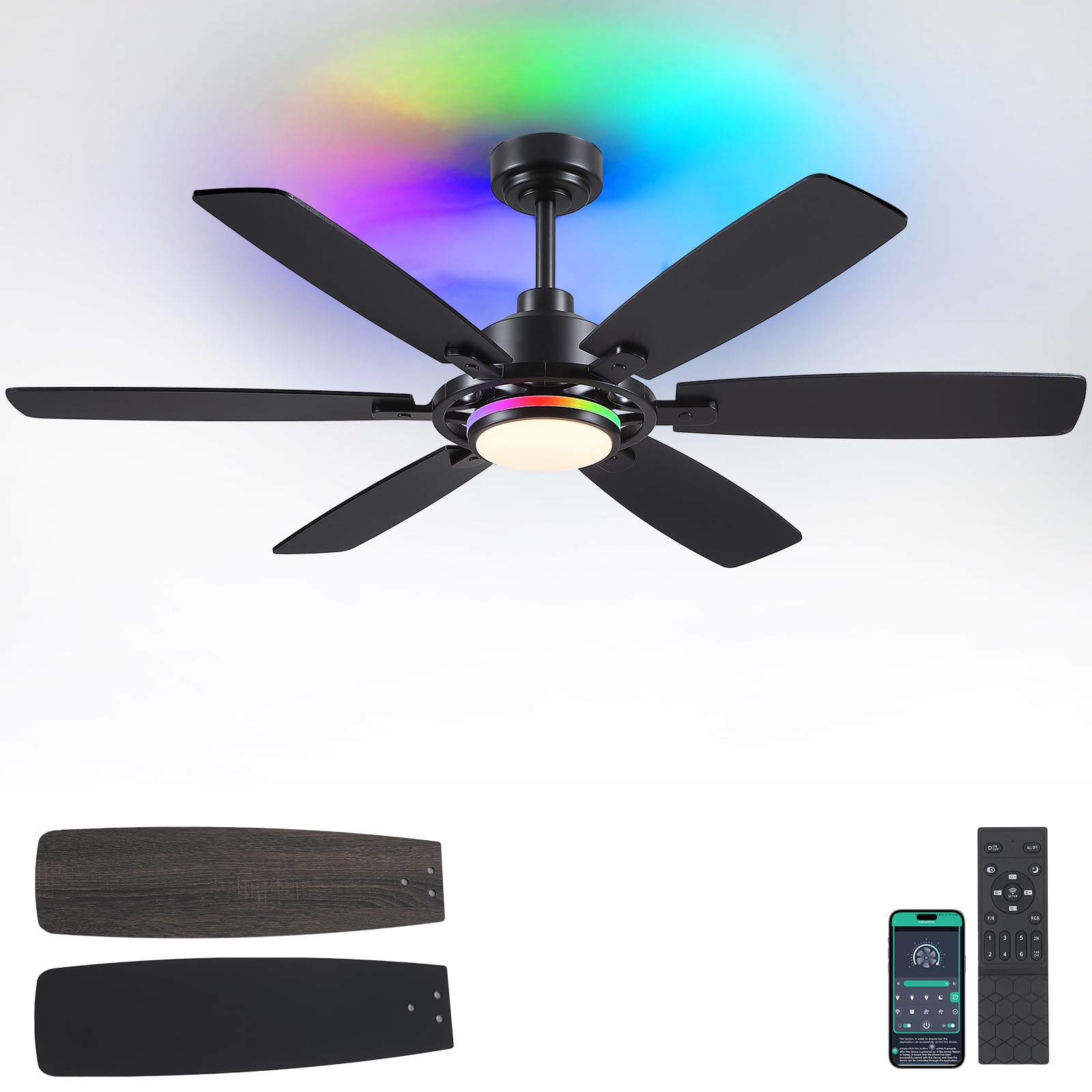 Photo 1 of SHIHOT 54" Black RGB Ceiling Fans with Lights and Remote/APP,Modern Ceiling Fans with Quiet Reversible DC Motor for Bedroom Kids Room