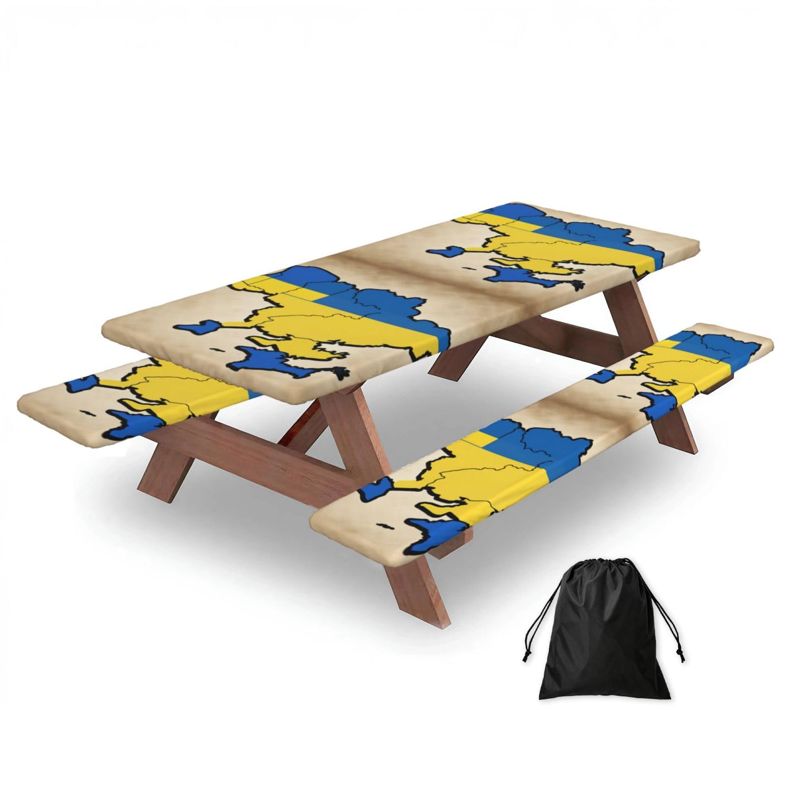 Duwaa Black Ukraine Flag Map Plane Graph Print 183Cm Picnic Table Cover With Bench Covers, Waterproof Elastic Tablecloth Set For Outdoor