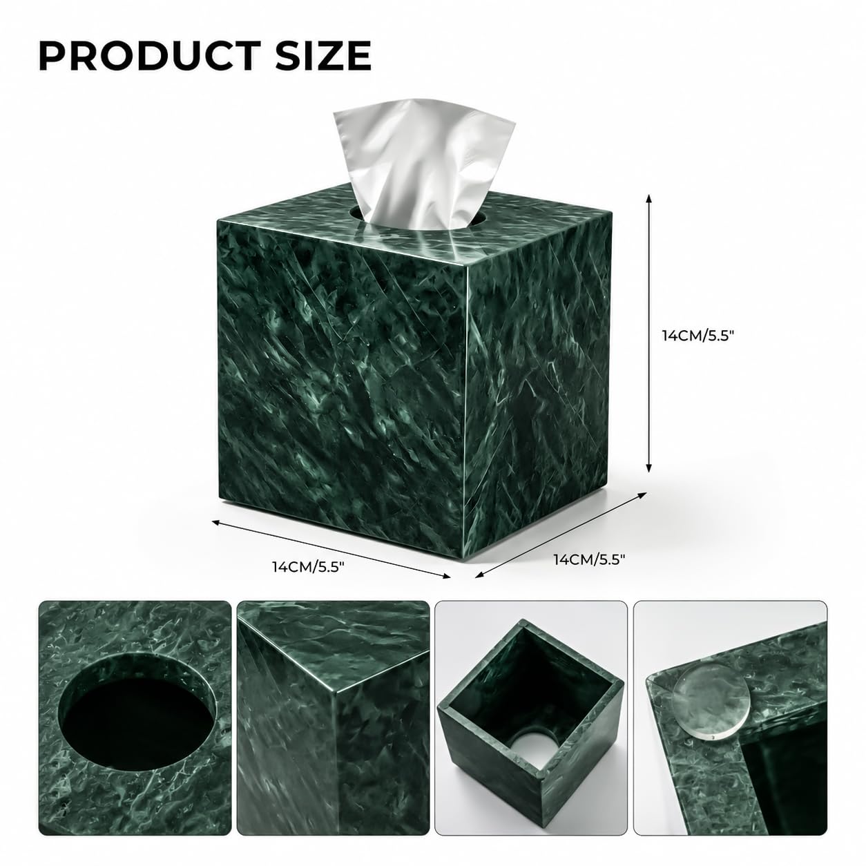 Porta fazzoletti in marmo naturale, quadrato, con fondo aperto, porta fazzoletti per bagno, vanity top, comò da camera da letto, piano di lavoro della cucina, verde