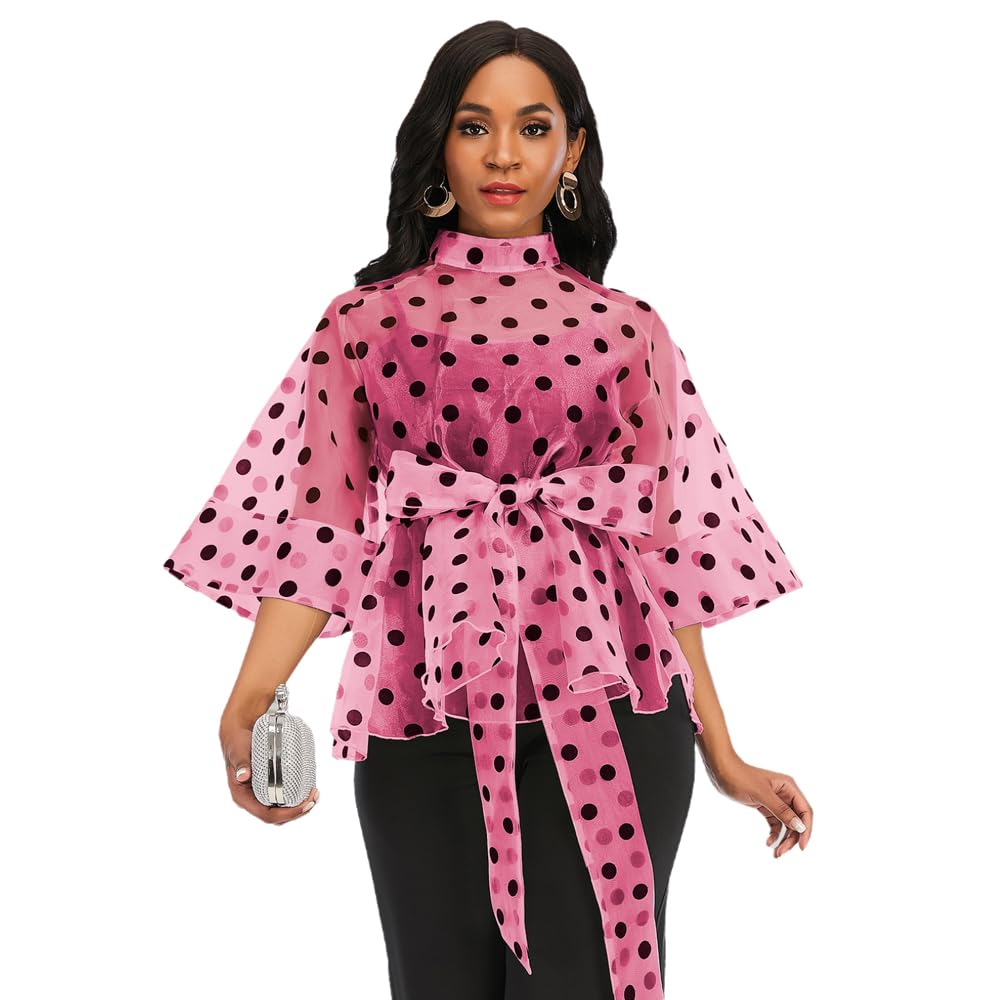 Women's Stand Collar Polka Dot See Through Front Tie Peplum Blouse