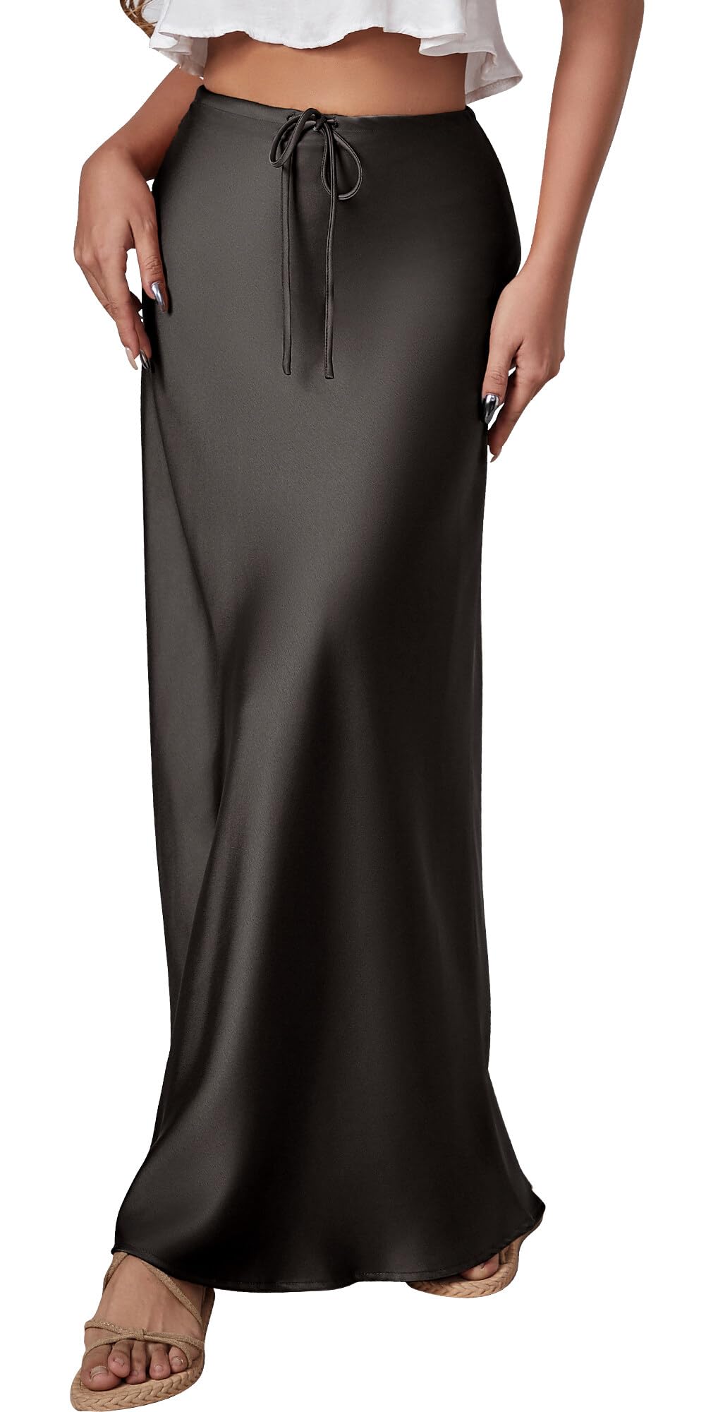 FEOYA Gonna lunga macchia per le donne a vita alta maxi gonna con coulisse fluida elegante gonna in raso di seta gonna midi cocktail party
